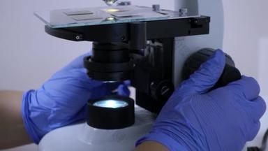 戴一次性手套的人进行实验显微镜的调整